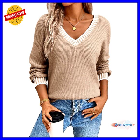 V-Neck Pullover Sweater Casual Chunky Knit Loose Fit Cable Contrast Stitching
